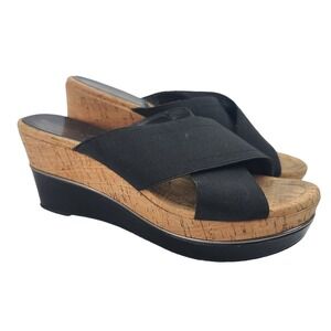 Donald J. Pliner Cork Platform Slide Sandals Dani 8.5 Black Wedge Stretch Straps
